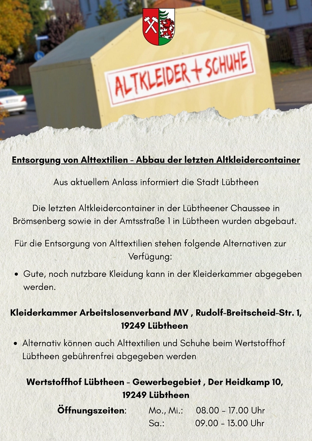 2025-11-28 Entsorgung von Alttextilien - Abbau der letzten Altkleidercontainer&nbsp;&copy;&nbsp;Stadt Lübtheen