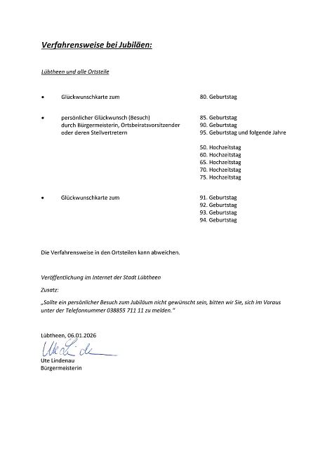 2026-01-06 Verfahrensweise bei Jubiläen 2026-01-06 Verfahrensweise bei Jubiläen © Stadt Lübtheen